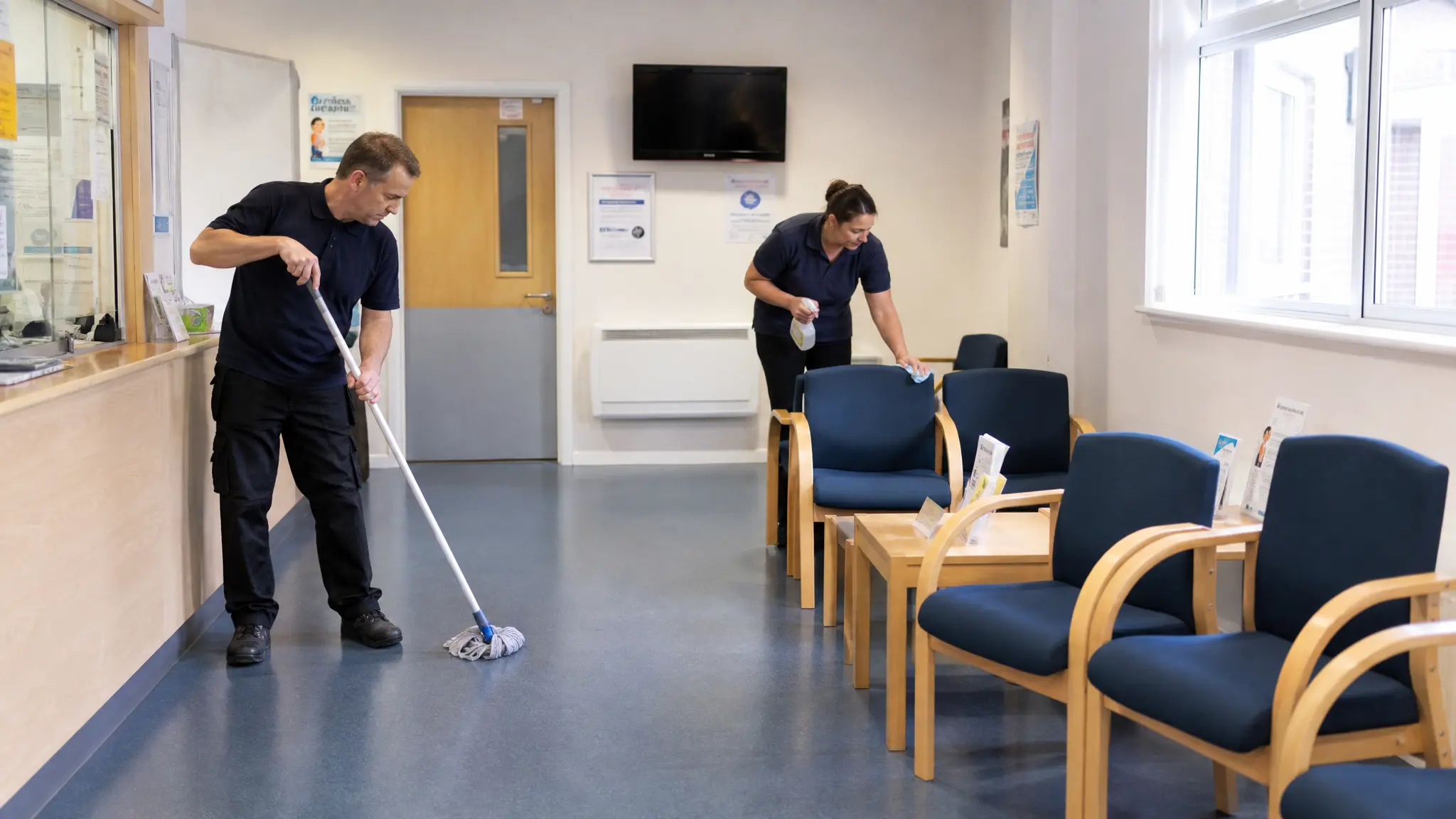 Cleaner in navy uniform in a modern office
