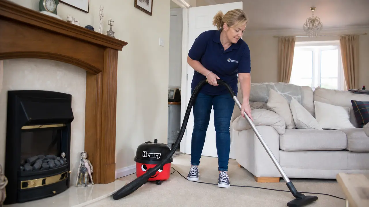 Friendly domestic cleaner wiping a bright kitchen worktop