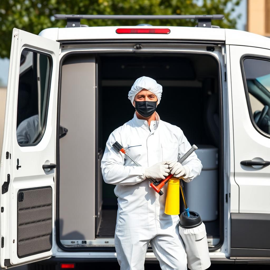 Cleaner in white protective coveralls with an unmarked van