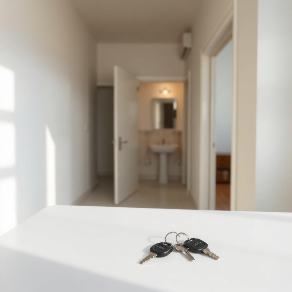 Empty freshly cleaned rented flat with keys on the counter