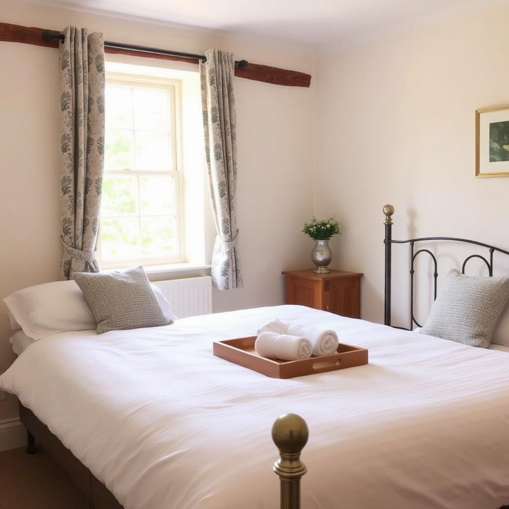 Freshly turned-around holiday let bedroom with crisp linens