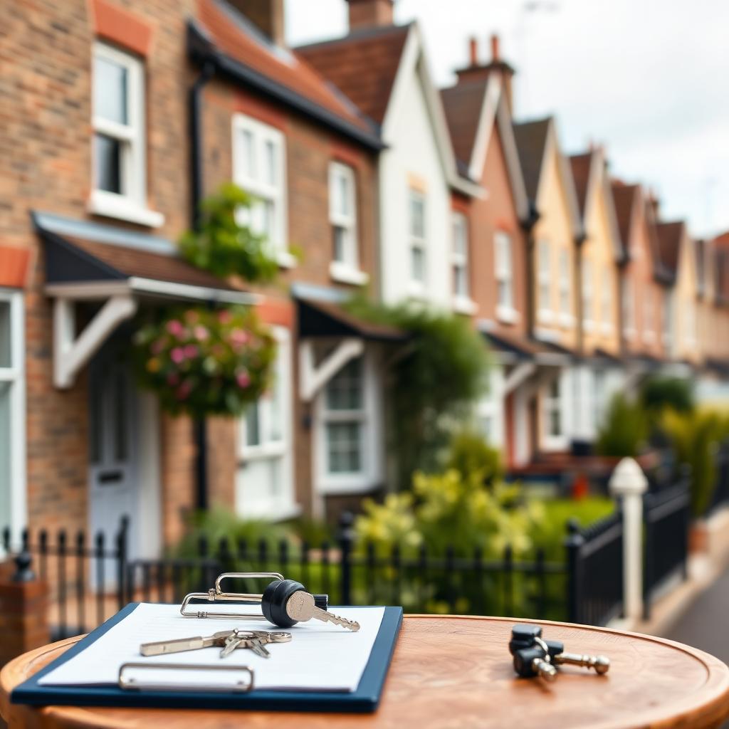 Row of British rental homes with keys on a clipboard