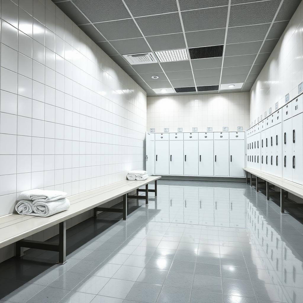 Clean changing room with polished tiled floor
